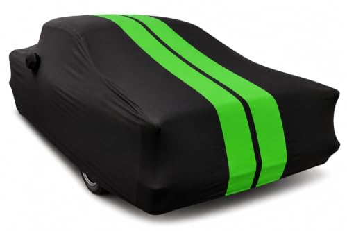 Image of SR1 Performance USA Indoor Car Cover for 1950-1957 Chevy Bel Air - Ultraguard Stretch Satin, Custom Fit Indoor Protection, Soft Breathable Dust Cover, Premium Show Car (Black with Green Stripes)