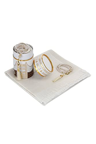 ihvan online Muslim Prayer Rug and Prayer Beads with Elegant Design Cylinder Gift Box, Janamaz, Soft Sajadah - Image 4
