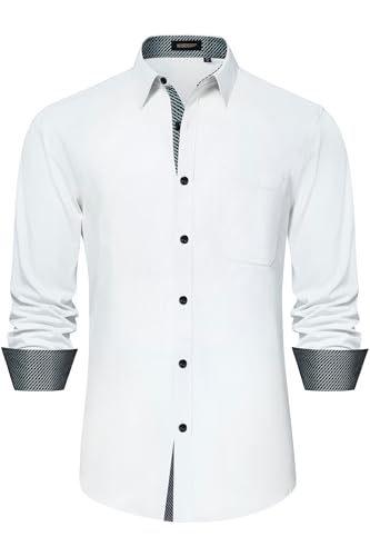 Image of HISDERN Mens Business Dress Shirts Long Sleeve Casual Button Down Shirt Formal Inner Collar Contrast Shirt for Men Wedding