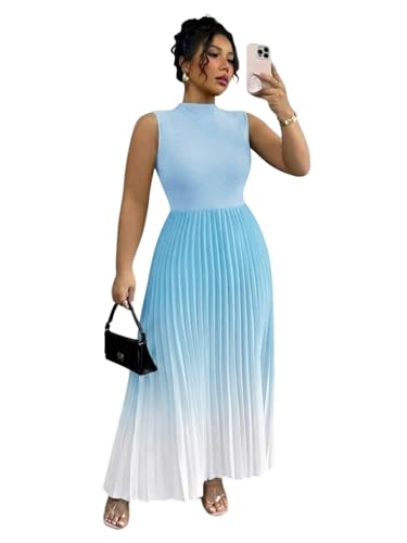 Image of SOLY HUX Women's Plus Size Summer Ombre Sleeveless Flowy Maxi Dress | Birthday, Pleated A Line, Mock Neck, Formal Outfits,Cocktail, Wedding, Graduation