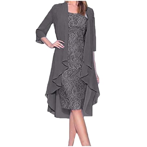 MINTLIMIT Womens Flowy Boho Floral Midi Dresses with Chiffon Jacket Elegant Wedding Guest 2 Piece Cocktail Dress Grey