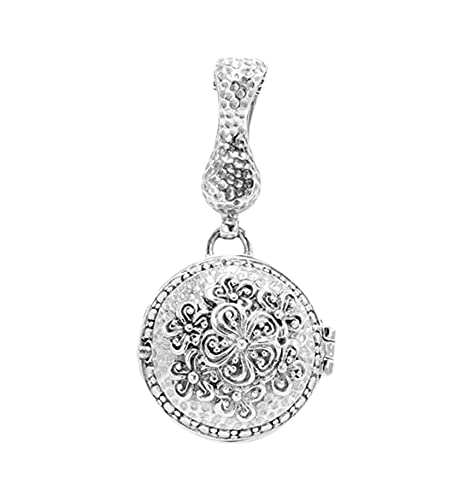 Sarda - .925 Sterling Silver 2" X 1" Frangipani Flower Hammered Chain Link Jawan Round Domed Locket Enhancer Pendant - Handmade By Bali Artisans #TOP5