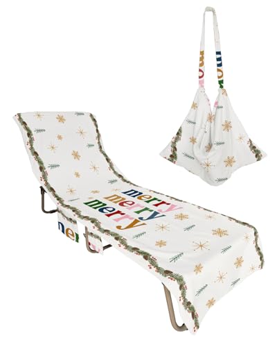 Merry Christmas Beach Lounge Chair Towel Cover, Soft Chaise Lounge Towel with Side Pockets Patio Pool Chairs Cover for Beach/Pool Sunbathing 29x85 Xmas Pine Cones Winter Snowflake