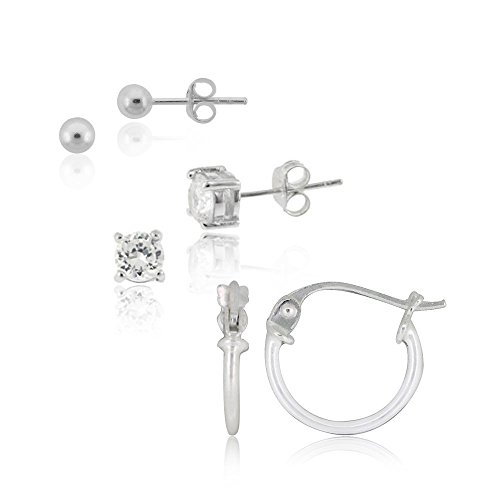 Hoops & Loops Sterling Silver CZ Cubic Zirconia Round Stud, Hoop and Bead