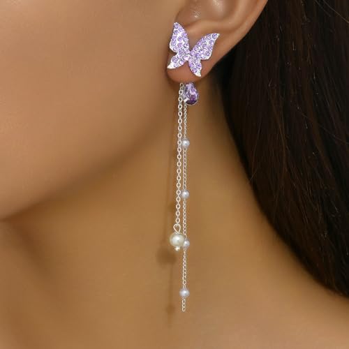 Purple Butterfly Earrings for Women - Dangle Long Silver, Blue, Gold, White Sparkle Earrings - Cute Fairy Butterfly Jewelry2
