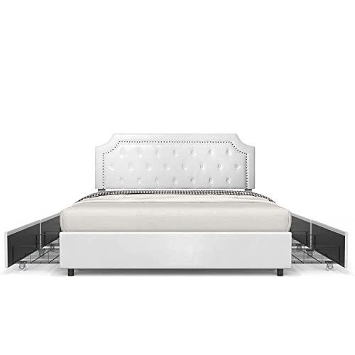 Bonsoir Full Size Storage Bed Frame Upholstered Low Profile Traditional Platform With Tufted And Nail Headboard/4 Pull Out Drawers/White Faux Leather #TOP14