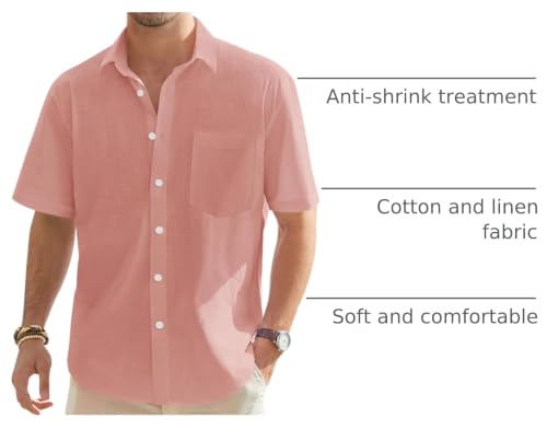 Image of J.VER Mens Linen Shirt Short Sleeve Button Down Casual Summer Shirts | Cotton Linen, Untucked, Big Tall, from Beach Camp Vacation, Cruise Fishing, Work Office, to Wedding Party Family, with Pocket