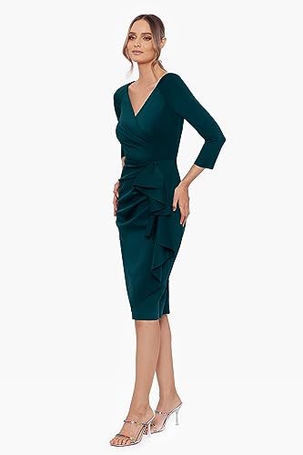Image of Xscape Women's 3 /4 Sleeve V-Neck Side Ruched Midi Dress