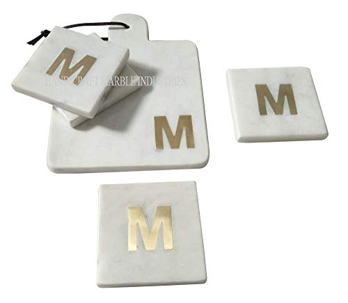 Set of White Marble Platter & Four Coasters, Serving Trivet, Kitchen Cheese Board, Butter & Pastry Platter, Cake Serving Plate, Dining Tableware, Castle & Coasters Prices, Piece of Conversation