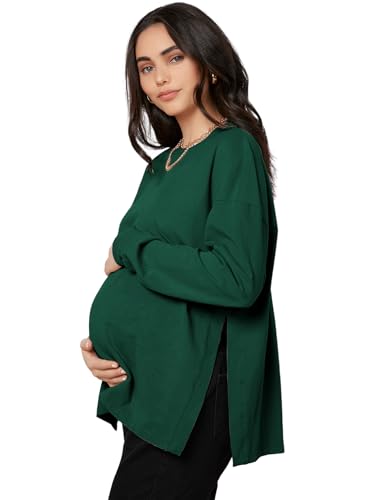 Image of MakeMeChic Women's Maternity T-Shirt Long Sleeve Split Side Pregnancy Tee Tops Dark Green XL