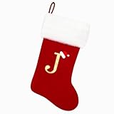 Tokforty 20 Inches Red Velvet with White Super Soft Plush Cuff Monogram Christmas Stockings, Xmas Personalized Embroidered Letter Stockings for Family Holiday Decorations and Xmas Tree Fireplace（J）