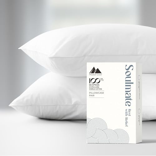 Mayfair Linen 100% Egyptian Cotton Pillow Cases Queen Size Set of 2 - Luxury 500 Series Soulmate Collection Cotton Pillowcases (White), Silky Soft, Cooling & Breathable Standard Size Pillow Case