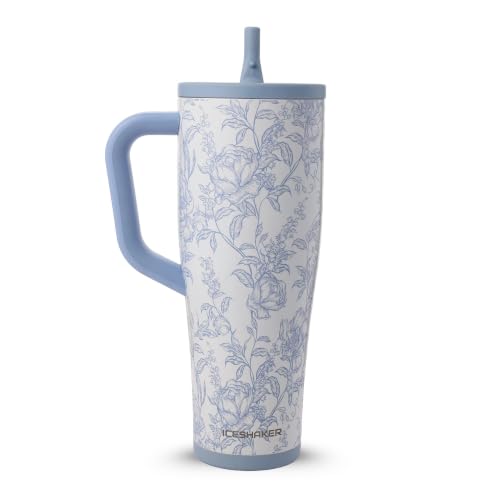 Image of Ice Shaker 40 oz Tumbler with Handle and Straw | 40oz Bleu Toile| Cold for 30+ Hours | 2-in-1 Tumbler Shaker Bottle | Odor-Free 40 ounce Bottle for Water, Protein Shakes, Smoothies, Cocktails