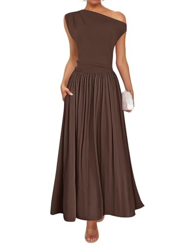ZESICA Women's Summer 2025 Sleeveless Maxi Dress One Shoulder Casual Slim Swing Pleated Formal Dresses with Pockets,Brown,Small