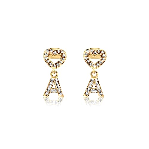 EARFULL Initial Heart Stud Earrings, 18K Real Gold Plated Dainty Alphabet Letter Earrings CZ Heart Shape Stud Earrings for Women, Letter A