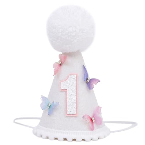 LINLULU butterfly 1st birthday hat for girls - fairy theme 1st birthday crown, butterfly first birthday decoration for girls, 3d colorful butterfly birthday party hat