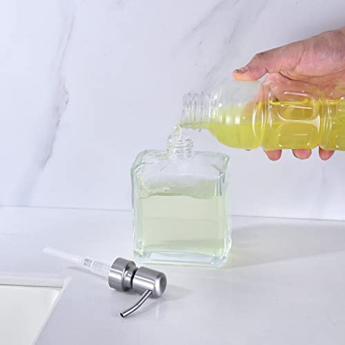 Image of Square Clear Glass Dish Soap Dispenser, Antique Design Refillable Hand Soap Dispenser with Rust Proof Stainless Steel Pump, 13.5 oz Lotion Dispenser for Bathroom Vanity, Kitchen Countertop