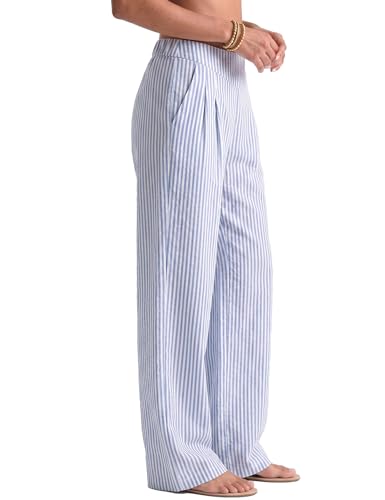 AKEWEI Linen Pants Women Petite Wide Leg Linen Pants Beach Vacation Clothes Travel Lounge Bottoms with Pockets Striped Navy Blue M - image 2