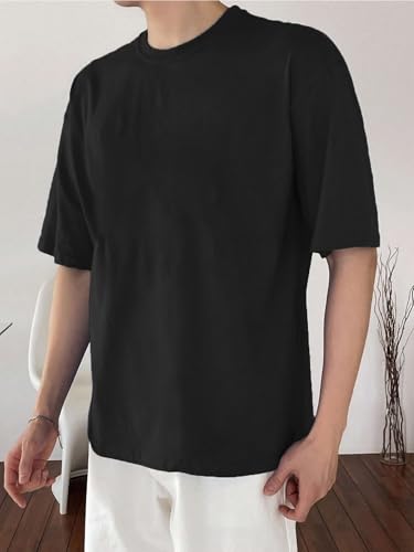 Image of LEOTUDE Half Sleeve Oversized Tshirt for Men, Round Neck Cottonblend Drop Shoulder Solid T-Shirt