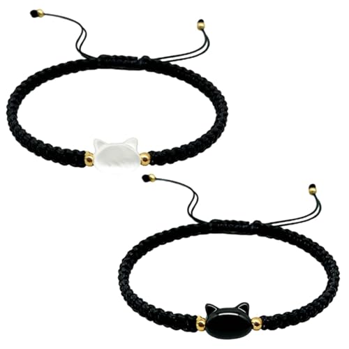 CBMZHF Lot de 2 bracelets en corde tressée noire avec motif animal mignon, bracelet réglable en corde noire, cadeau pour les amoureux des chats et les amis...