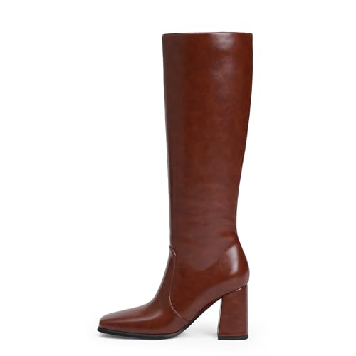 Image of QIY Knee High Boots Women Chunky Heel Square Toe Tall Boots Women Heeled Size Zipper Long Boots