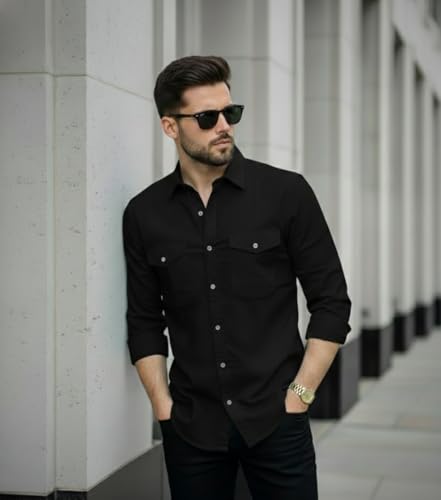 Image of DEELMO Men's Classic Cotton Blend Slim Fit Shirt || Full Sleeve Button-Down Casual Shirt with Dual Flap Pockets || Soft Breathable Fabric || Ideal for Office Party and Everyday Wear