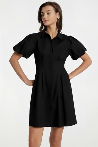 Image of D-Sun Women's Short Puff Sleeve Shirt Dress Button Down Pleated Mini Dress Casual Short Dresses