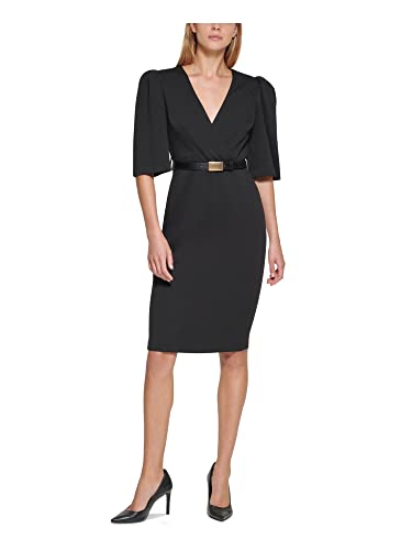 Calvin Klein Womens Black Stretch Zippered Belted Darted Slitted Pouf Sleeve Surplice Neckline Knee Length Wear To Work Sheath Dress Petites 4P #TOP23