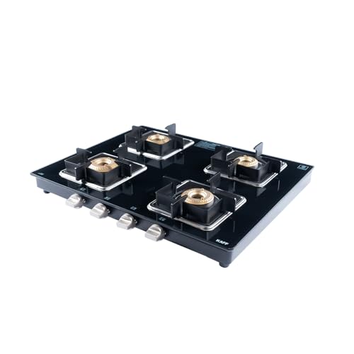 Image of KAFF 4 Burner Gas Stove | 63 cm Toughened Glass Cooktop | High Efficiency Brass Burners | Cast Iron Pan Support | Stainless Steel Drip Tray | Metal Knobs | Black | CTJ634B