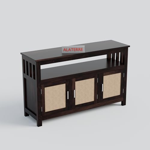 Image of ALATERRE Wooden Sideboard Cabinet with Cane Doors | 3 Door Storage Cabinet with Open Shelf | Solid Wood Buffet Table for Living Room, Dining Room & Entryway (Walnut Finish)
