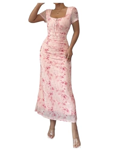 Verdusa Women's Boho Floral Long Bodycon Dresses Bow Tie Square Neck Vacation Dress