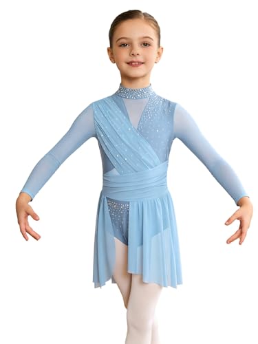YOOJIA Maillot De Patinaje Artístico para Niñas Vestido De Ballet con Falda Tul Asimétrica Traje De Competición Actuación Azul Polvoriento 9-10 años