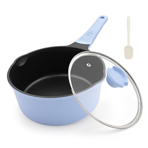 Bobikuke Cacerola antiadherente de 2,5L con tapa de aluminio, cacerola de 20 cm con asa extraíble, para hornear, guisar, freír, sopas, sin PTFE ni PFOA (Azul)