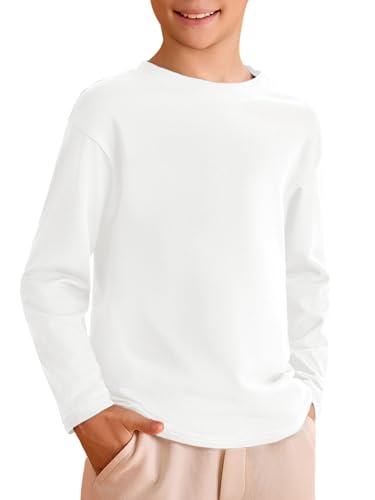 Haloumoning Kids Boys Long Sleeve Crewneck T-Shirts Tee Tops 5-14 Years White