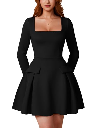 XXTAXN Women's Sexy Corest Long Sleeve Square Neck Ruffle Pleated Wedding Guest A Line Mini Dress Black