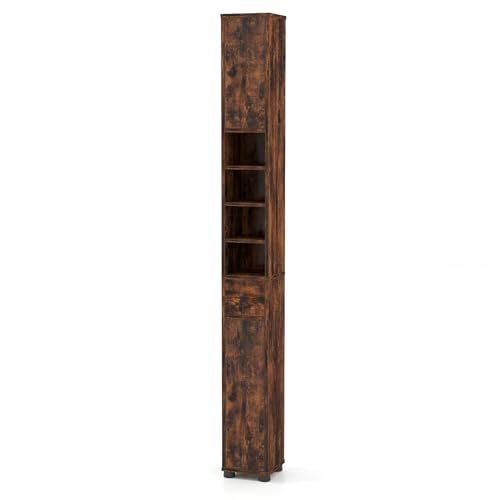 COSTWAY Badschrank schmal, Badezimmerschrank mit 2 Türen, 1 Schublade & verstellbaren Regalen, Bad Hochschrank platzsparend für Badezimmer, Wohnzimmer, 20 x 20 x 180 cm (Mit 4 Ablagen,Braun)