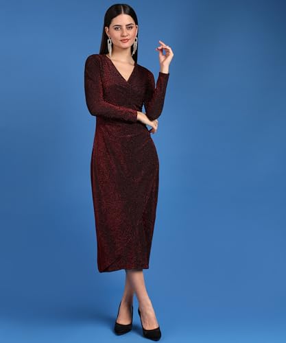 Image of SAFFE Women's Stylish Casual Evening Textured Full Sleeve V-Neck Bodycon Body Fitted Midi Dress, Maroon