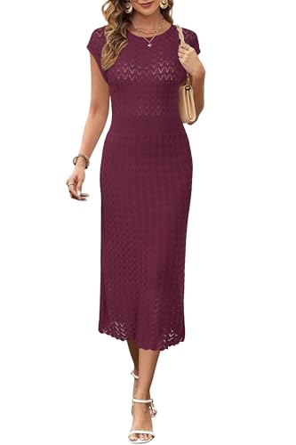 Image of Newshows Women's Hollow Slim Summer Fall Church Work Casual Sweater Dress | Machine Washable Knit Sweater Fabric, Hollow Design, Bell Sleeve, Business Casual, Church Teacher Outfits, Modest Dress