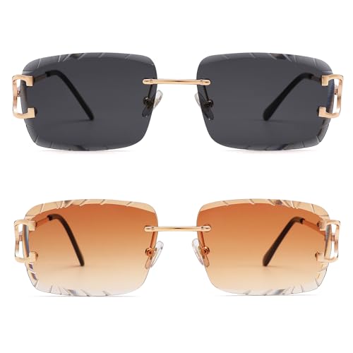 Image of Hycredi Rimless Rectangle Sunglasses for Men /Women- Frameless Square Trendy Shade - Diamond Cutting Eyewear