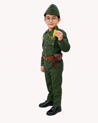 Image of BookMyCostume 8-Pcs Netaji Subhash Chandra Bose Indian National Leader Dress | Freedom Fighter Costume for Kids | Patriotic Independence Day, School Annual Function & Fancy Dress | Green 3-4 Years