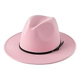 HUDANHUWEI Women's Classic Wide Brim Fedora Hat with Belt Buckle Felt Panama Hat Pink