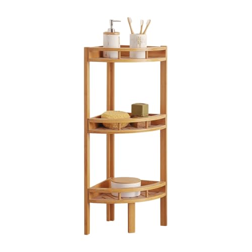 THINIA HOME - Estantería Esquinera de Bambú Natural, Mueble Auxiliar de Baño con 3 Niveles de Almacenaje, Rinconera Compacta, Estilo Nórdico, 29x29x85 cm