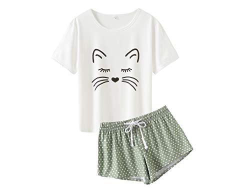 MyFav Frauen Schlafanzug Sanft gemütlich Karikatur Katze Kurzarm Homewear Pyjama Set, Grün, Small