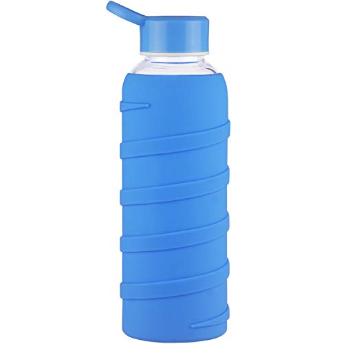 Ferexer Botella de Agua de Cristal Borosilicato con Funda de Silicona Sin BPA 480 ml Azul
