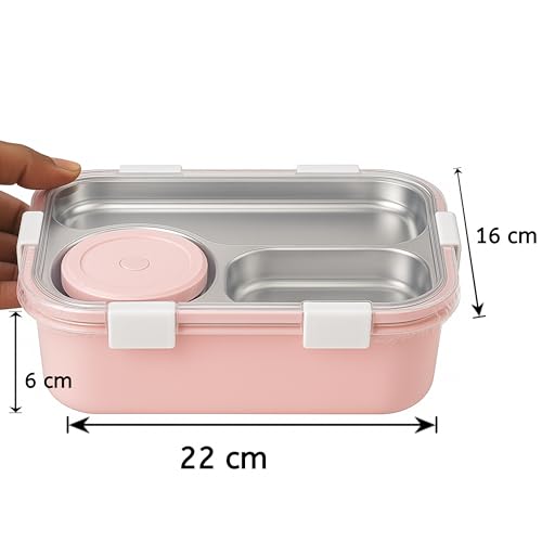 Image of Shark Doo Doo Bento 3 Compartment Stainless Steel Lunch Box with Steel Cutlery Inside | Heating & Water Insulation Design | Leak-Resistant | 750 ML | Office & School (Pink with Chutney Box)