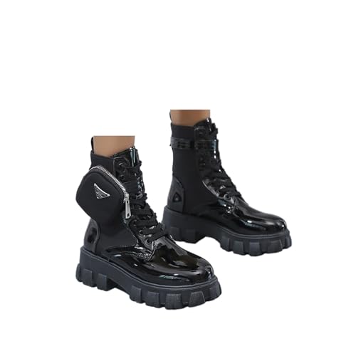 Women's Platform Block Lace Up Ankle Boots Fashion Round Closed Toe Low Heel Combat Short Boots With Pouch Pocket Punk Motorcycle Booties Fall Winter Shoes