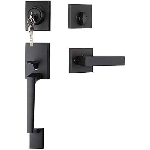 Haidms Black Front Door Handle and Deadbolt Set, Entry Door Handle and Deadbolt Set with Reversible Handle Lever,Front Door Lock Set, Front Door Handles and Locks 1 Pack Cover
