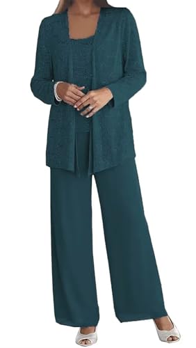 3 Pieces Dressy Pant Suits for Wedding Guest Chiffon Lace Mother of The Bride Pantsuits with Jackets3