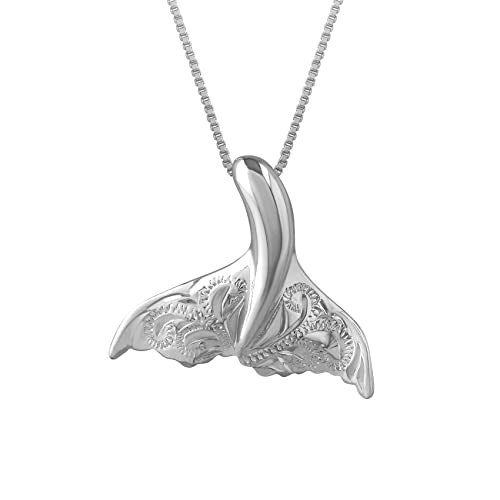 Sterling Silver Engraved Whale Tail Pendant Necklace, 16+2