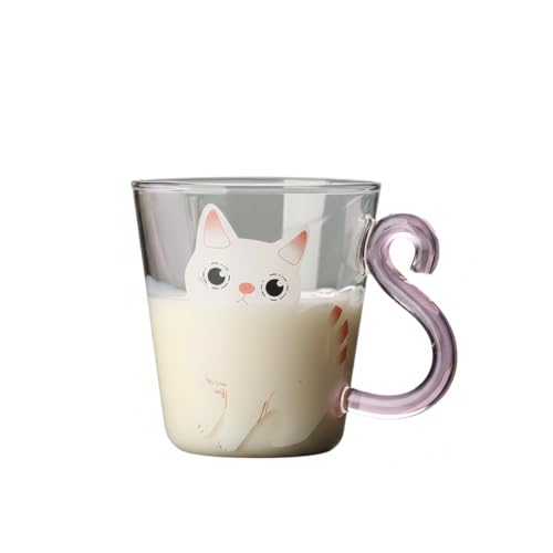 猫しっぽハンドル ガラスマグ ねこ イラスト クリアマグ カップ コップ 耐熱ガラス インスタ映え おしゃれ かわいい カフェ風 ティータイム コーヒー 紅茶 ジュース ギフト 8種類の柄から選べる (パターンD)